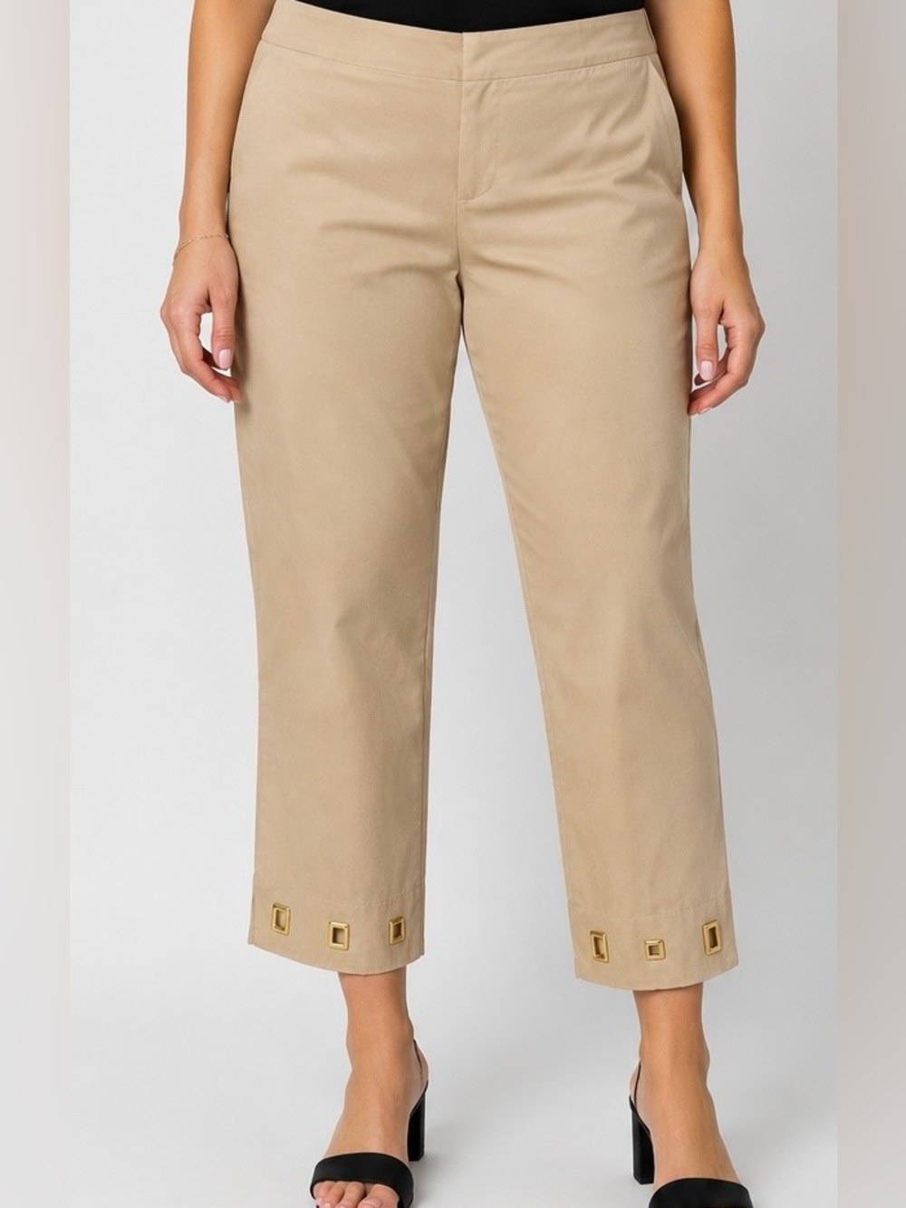 Jones New York Signature Beige Cropped Stretch Pants Gold Hardware Size 12